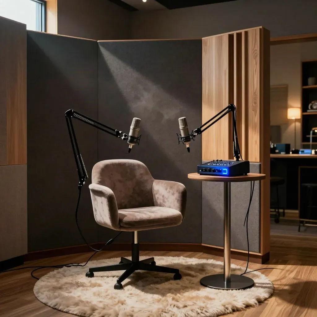Cabina podcast finita con microfoni su bracci, pannelli acustici e luce calda.
