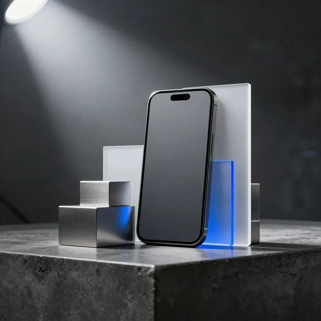 Telefono verticale, blocchi metallici e luce LED blu in un set cinematografico