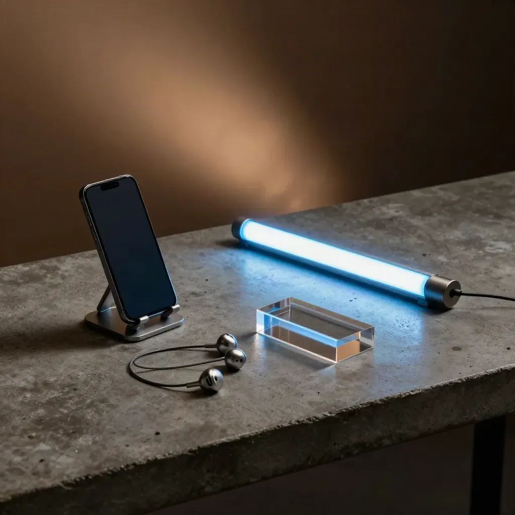 Set creator tech con smartphone, auricolari metallici e tubo LED blu su banco in cemento.