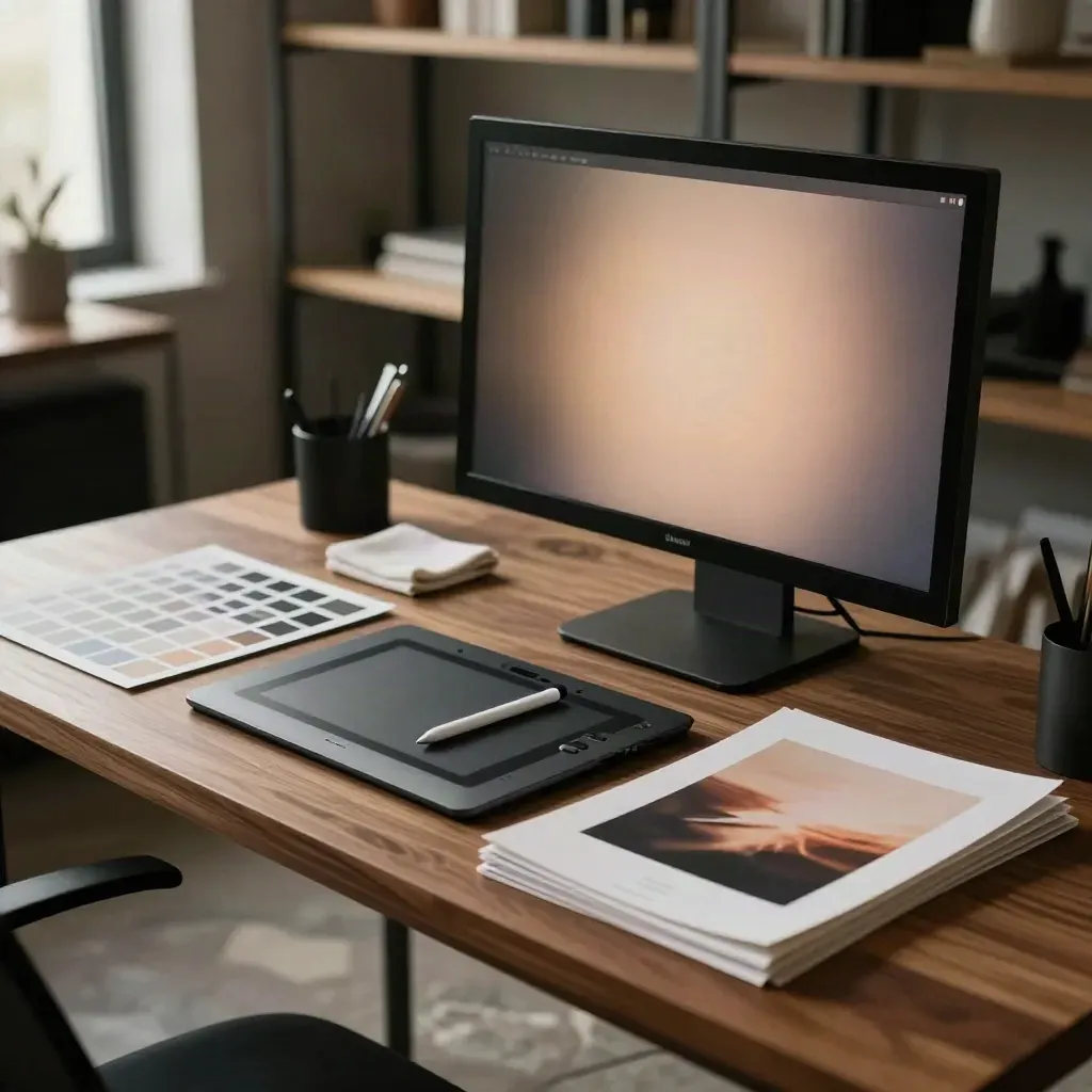Postazione di fotoritocco con tavoletta grafica, monitor calibrato e prove colore su banco in noce