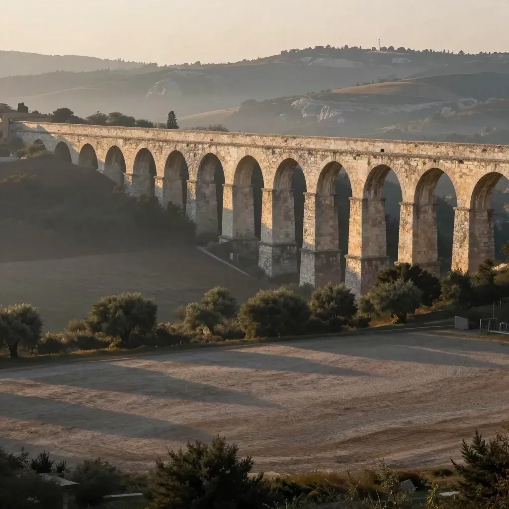 Acquedotto romano e colline del Lazio all’alba, con foschia calda e spazio vuoto per il testo