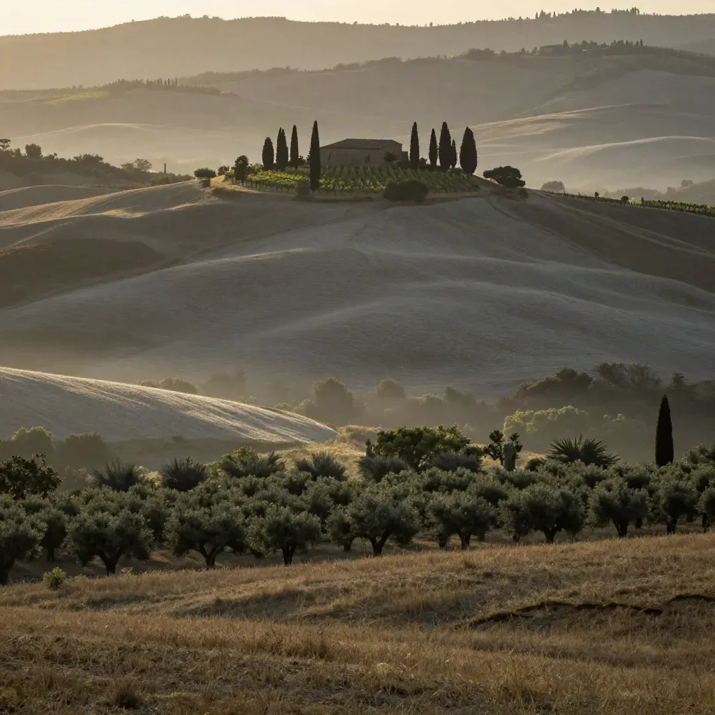Colline toscane con cipressi, casa colonica lontana e nebbia calda.