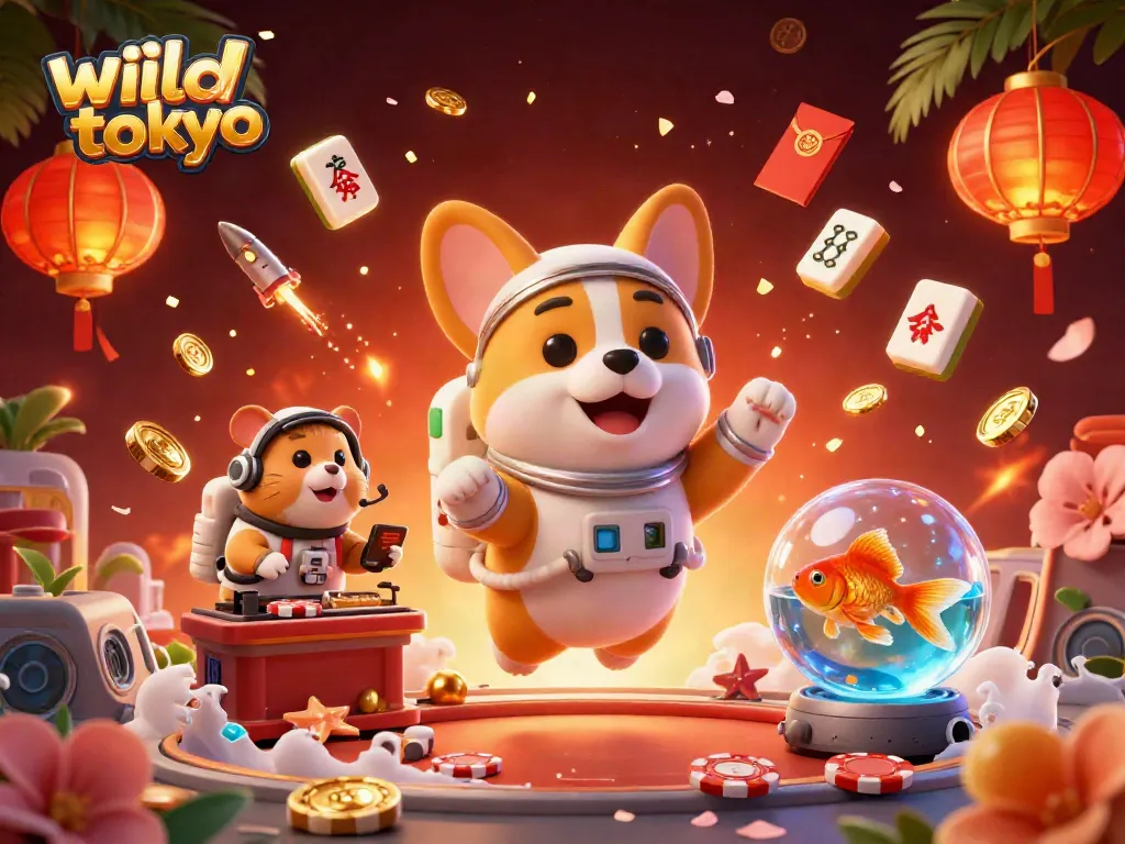 Engage with wild tokyo's thrilling casino atmosphere featuring a dynamic scene of 3D characters and floating game elements.