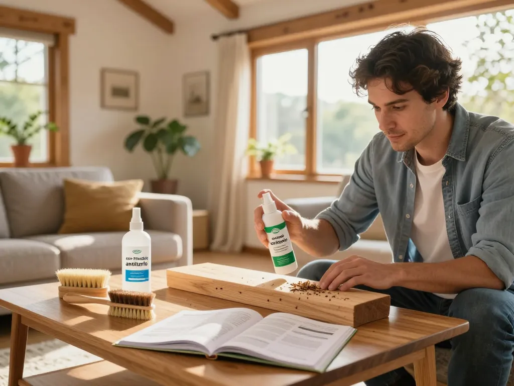 Proprietario di casa che utilizza spray antitarlo ecologico su mobili in legno in un soggiorno luminoso, che mostra strumenti sostenibili per il restauro del legno.