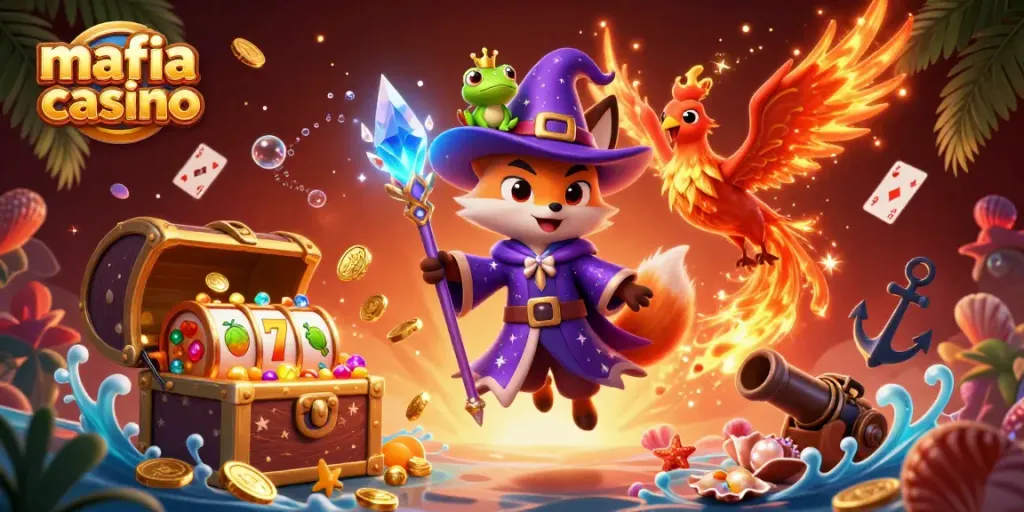 Mafia casino illustration featuring a wizard fox, phoenix, and treasure surrounded by slots and playing cards.
