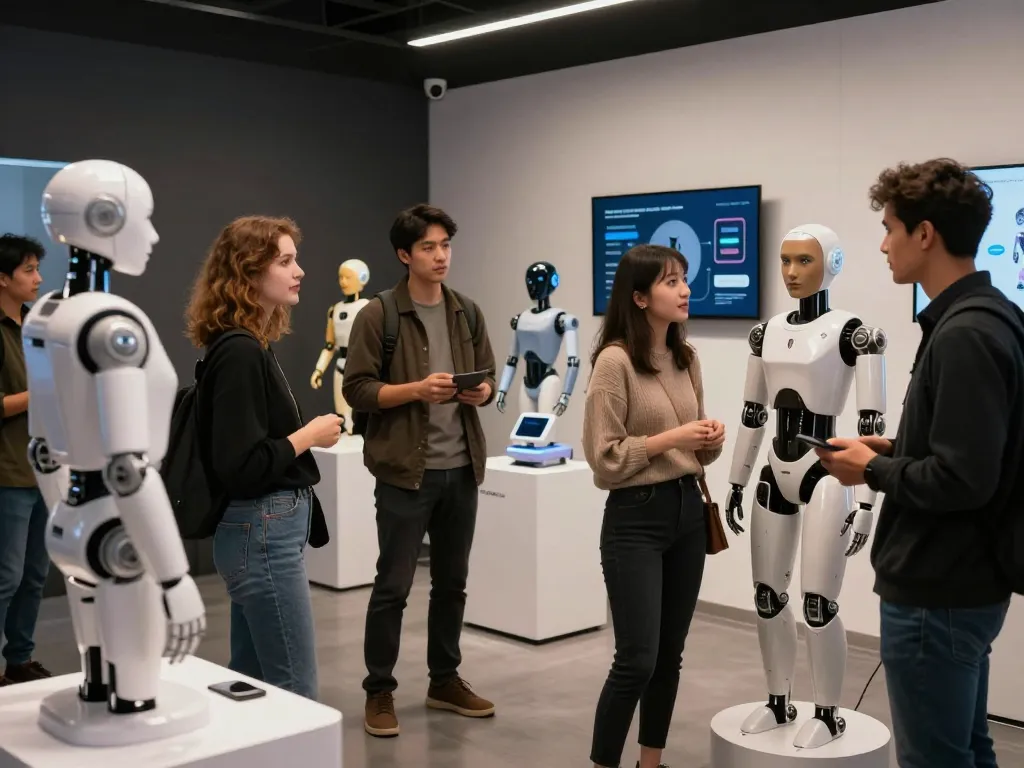 Visitors exploring advanced sex bot technology in a modern showroom