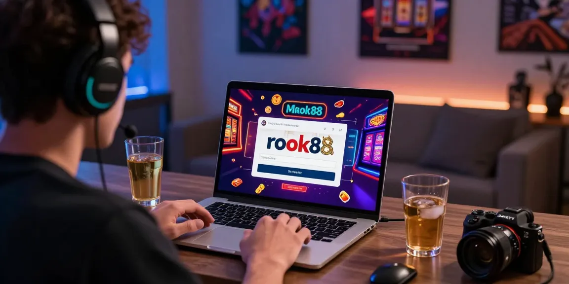 User engaging in rokok88 login on a laptop in a modern gaming setup with vibrant graphics.