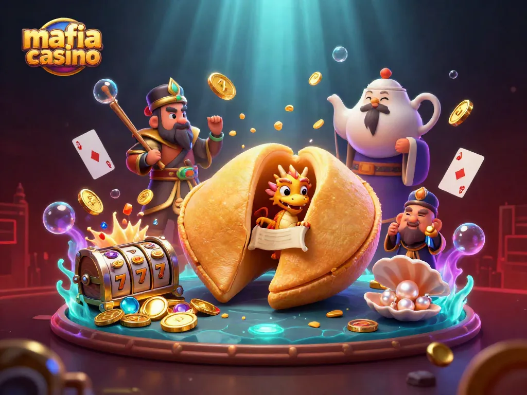 Experience the excitement of mafia casino with a vibrant scene filled with golden elements and interactive characters.