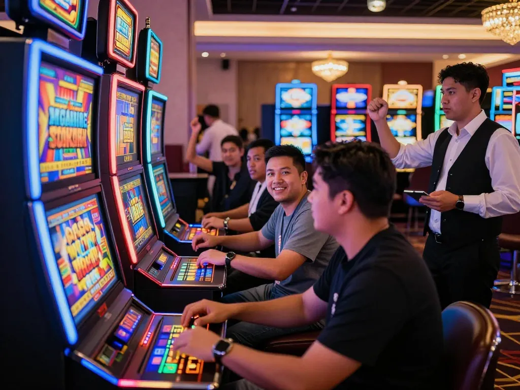 Pemain memenangkan hadiah besar di mesin slot raja dalam suasana kasino yang semarak dengan tampilan warna-warni.