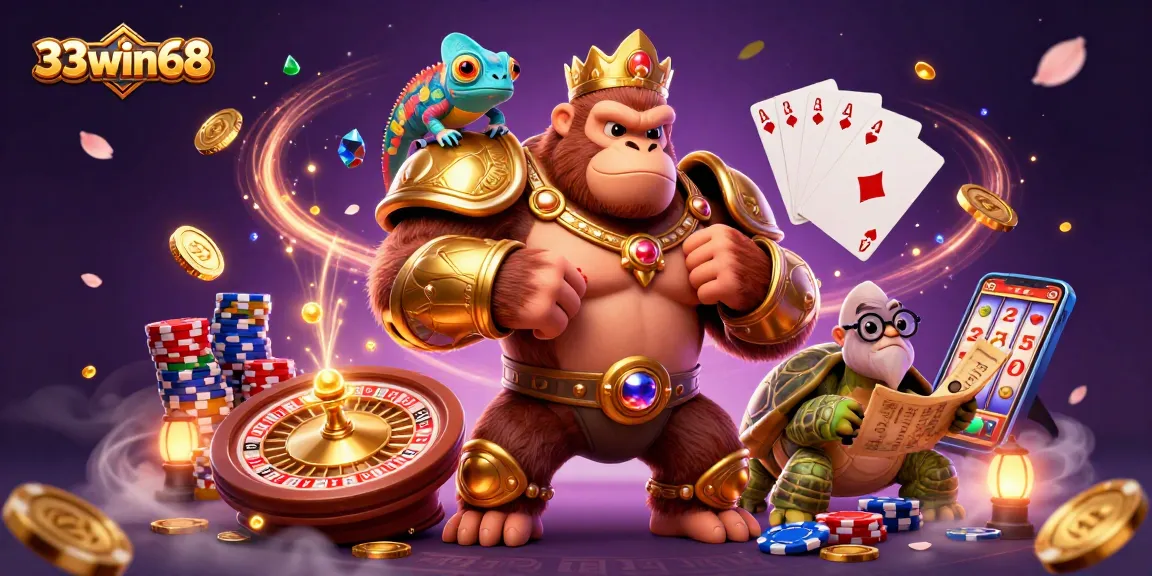 Engage with 33win68 in a vibrant 3D casino world featuring characters and gaming elements.