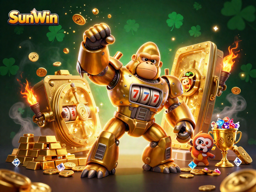 Spin for big wins with SunWin in this vibrant casino scene featuring a golden gorilla mech.